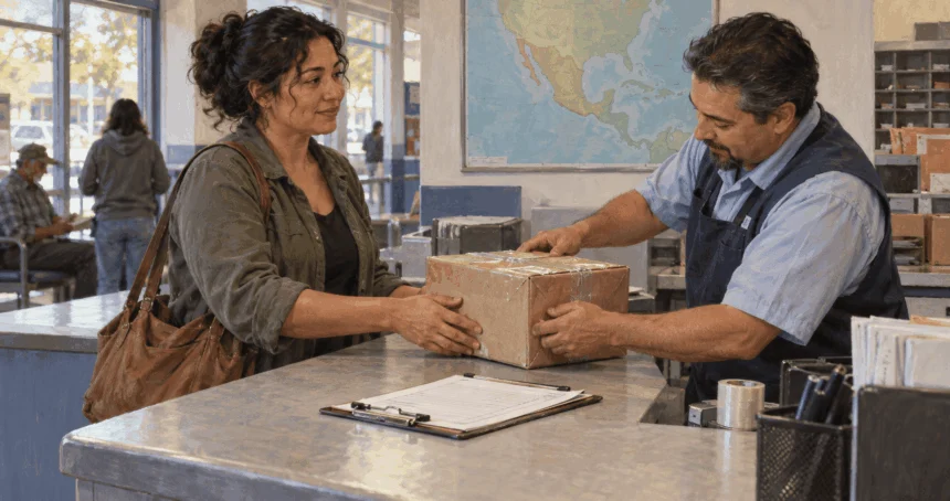 A customer prepares an international parcel at a postal counter.