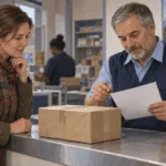 Conceptual painting of a sender preparing a parcel for Canada.