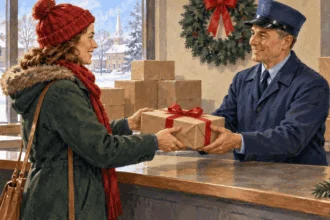 Conceptual painting of a customer mailing a holiday parcel at a post office.