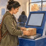 Conceptual painting of a customer using a postal self-service kiosk for a parcel.