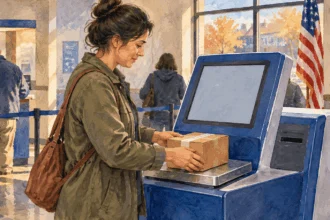 Conceptual painting of a customer using a postal self-service kiosk for a parcel.