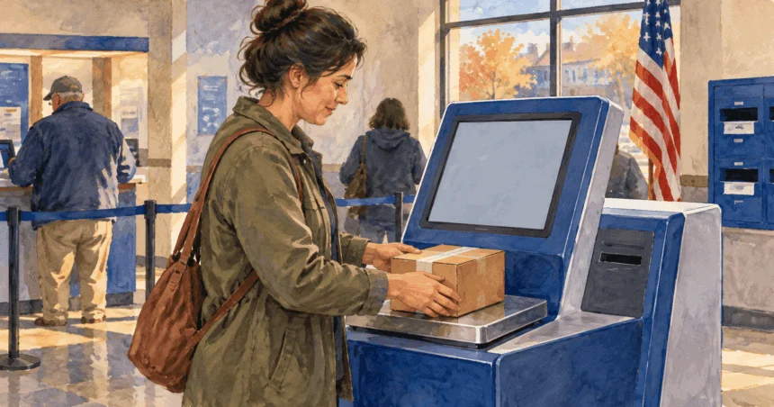 Conceptual painting of a customer using a postal self-service kiosk for a parcel.
