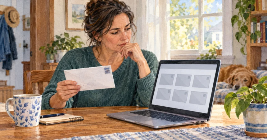 Resident compares an envelope with abstract mail previews on a laptop.