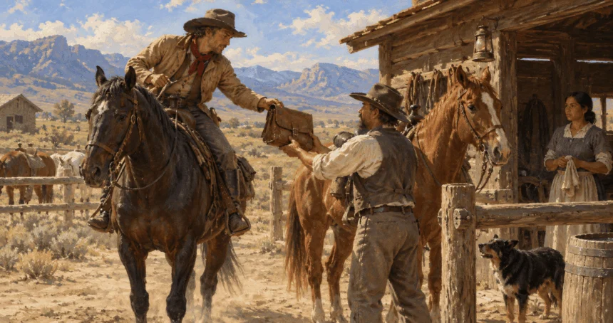 Historical conceptual painting of a rider changing horses with a mail pouch.