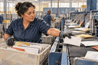 Conceptual painting of a postal worker sorting letters beside mail-processing equipment.