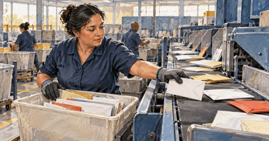 Conceptual painting of a postal worker sorting letters beside mail-processing equipment.