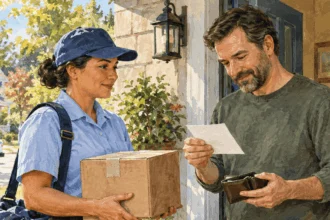 Conceptual painting of a recipient reviewing payment terms for a collect-on-delivery parcel.