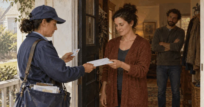 A postal carrier checks the addressee before handing over restricted mail.