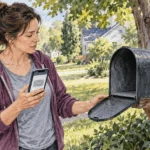 Conceptual painting of a resident checking an empty mailbox after a mail preview.