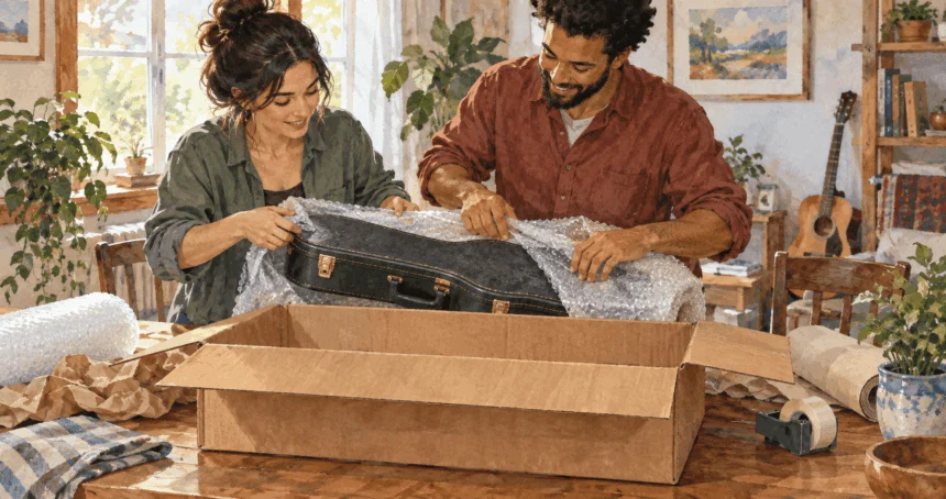 Conceptual painting of a musician cushioning an instrument for mailing.