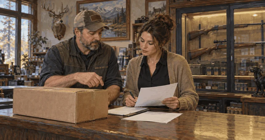 Licensed shop staff review paperwork for a secured firearm shipment.