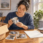 Conceptual painting of a customer documenting a broken mug and its shipping packaging.