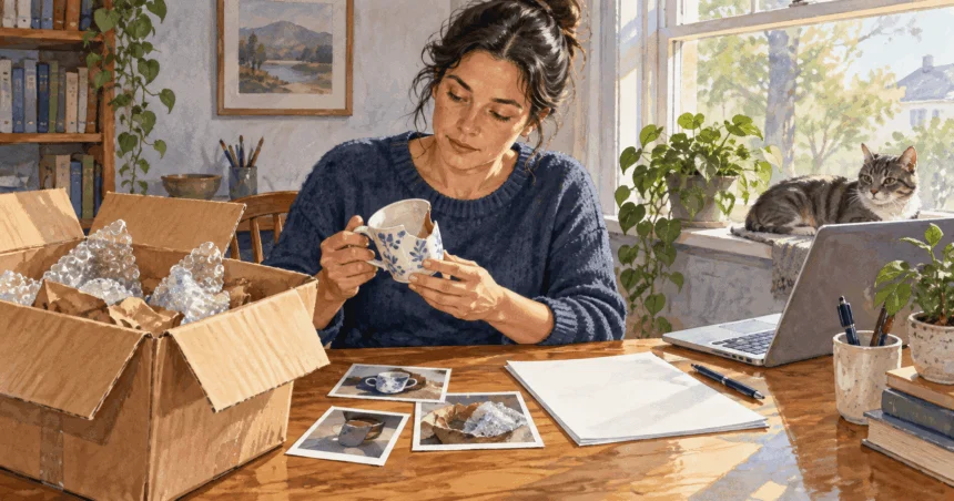 Conceptual painting of a customer documenting a broken mug and its shipping packaging.