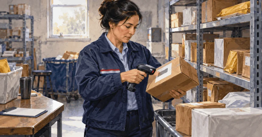 Conceptual painting of a postal worker scanning a parcel barcode in a sorting room.