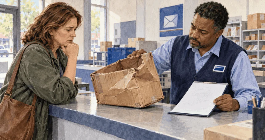 Conceptual painting of a postal claim being reviewed at a counter.