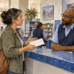 Conceptual painting of a customer raising a mail delivery concern with a postal supervisor.