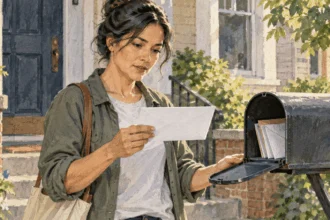 Conceptual painting of a resident checking a plain envelope beside a home mailbox.