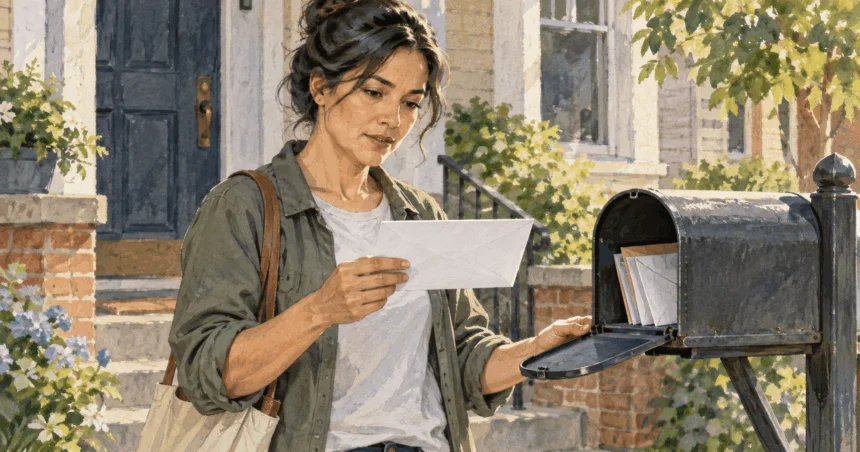 Conceptual painting of a resident checking a plain envelope beside a home mailbox.
