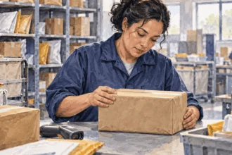 Painted illustration of a postal worker checking an unmarked parcel at a sorting table.