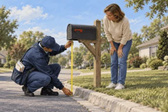 Painted illustration of a homeowner and postal worker checking a curbside mailbox position.