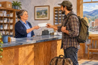 A traveler receives a held envelope at a postal counter.