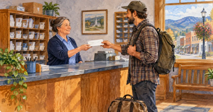 A traveler receives a held envelope at a postal counter.