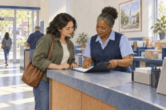 Painted illustration of a passport applicant reviewing an unmarked folder with a postal clerk.