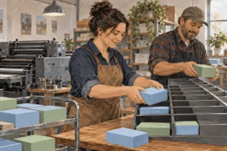 Small-business workers prepare stacks of postcards for a bulk mailing.