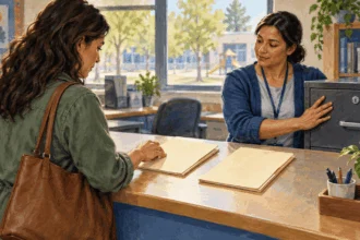 Conceptual painting of a parent asking a school clerk about education records.