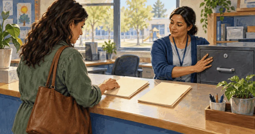 Conceptual painting of a parent asking a school clerk about education records.