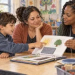 Conceptual painting of a child, parent and educator discussing classroom supports.