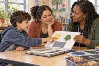 Conceptual painting of a child, parent and educator discussing classroom supports.