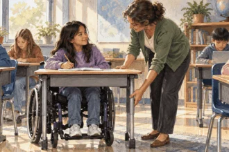 Painted illustration of a teacher adjusting a classroom desk beside a student using a wheelchair.