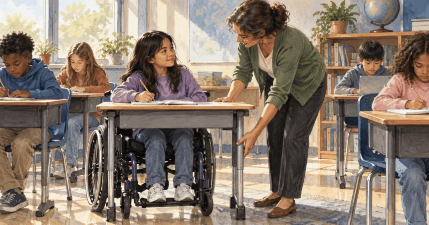 Painted illustration of a teacher adjusting a classroom desk beside a student using a wheelchair.