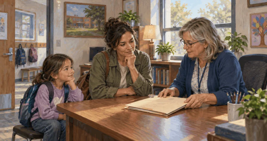 Painted illustration of a parent reviewing a student-record folder with a school clerk.