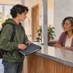 Conceptual painting of a college student speaking to a registrar adviser while holding a closed records folder.