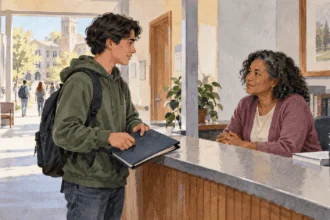 Conceptual painting of a college student speaking to a registrar adviser while holding a closed records folder.