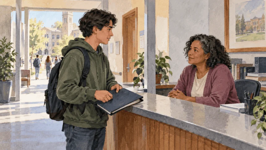 Conceptual painting of a college student speaking to a registrar adviser while holding a closed records folder.