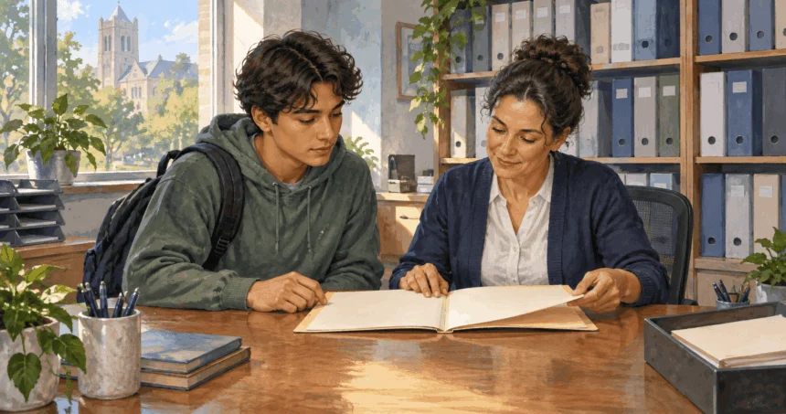 Conceptual painting of a student reviewing a blank records folder with a registrar.