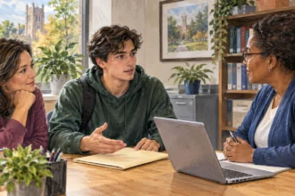 A college student discusses an education-record folder with a registrar.