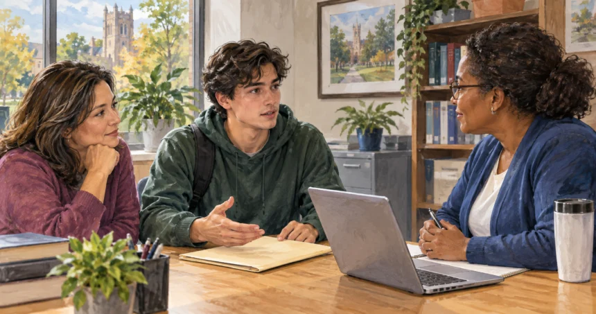 A college student discusses an education-record folder with a registrar.