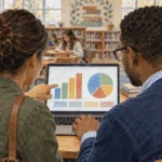 Parent and school data specialist examine a laptop dashboard in a library.