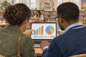 Parent and school data specialist examine a laptop dashboard in a library.