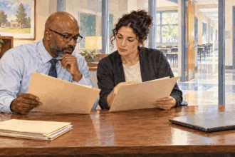 Conceptual watercolor of school administrators checking blank record folders.