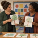 Educators compare classroom work with a shared learning plan.