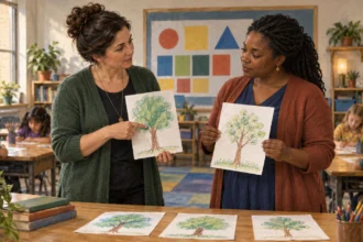 Educators compare classroom work with a shared learning plan.