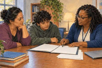 Conceptual painting of a parent and student speaking with an education-rights counselor about a complaint packet.