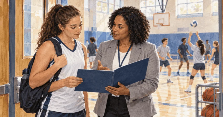 Student athlete and school coordinator discuss participation policy at a gym.