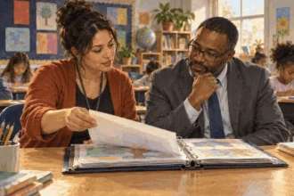 Conceptual painting of a teacher and administrator reviewing a classroom portfolio.