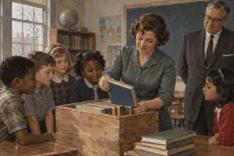 A teacher introduces new books in a mid-century public classroom.